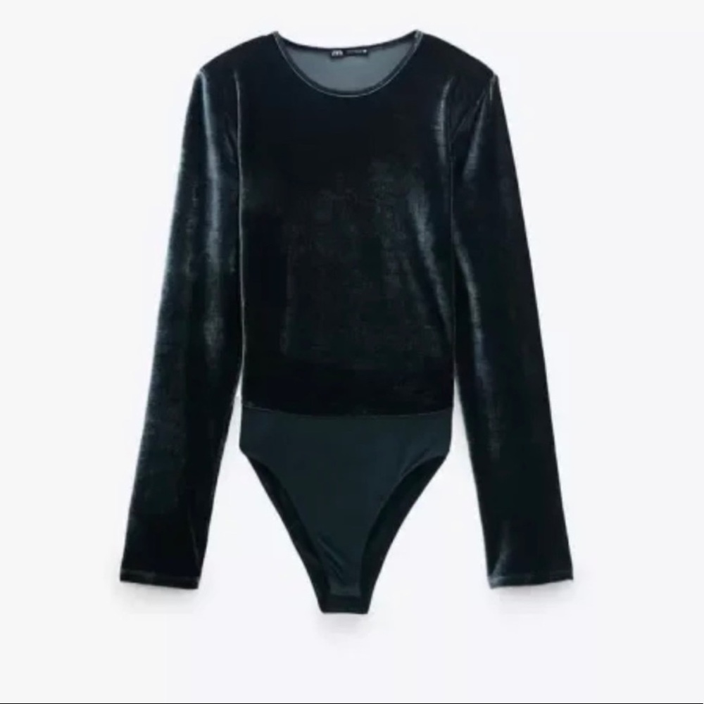 Zara Bodysuit Velvet Long Sleeve Bodysuit Dark Blue Gray Women’s Size Medium